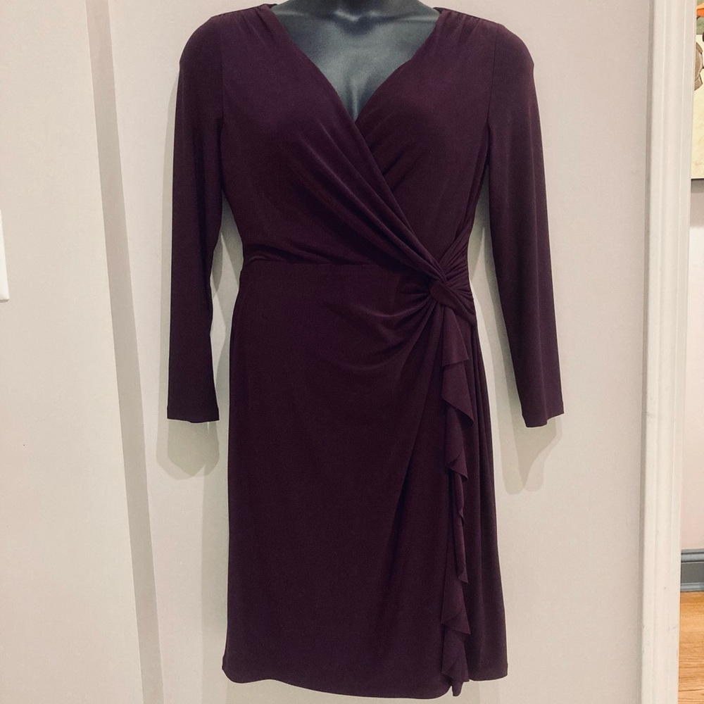 NWOT purple faux-wrap long sleeve cocktail dress